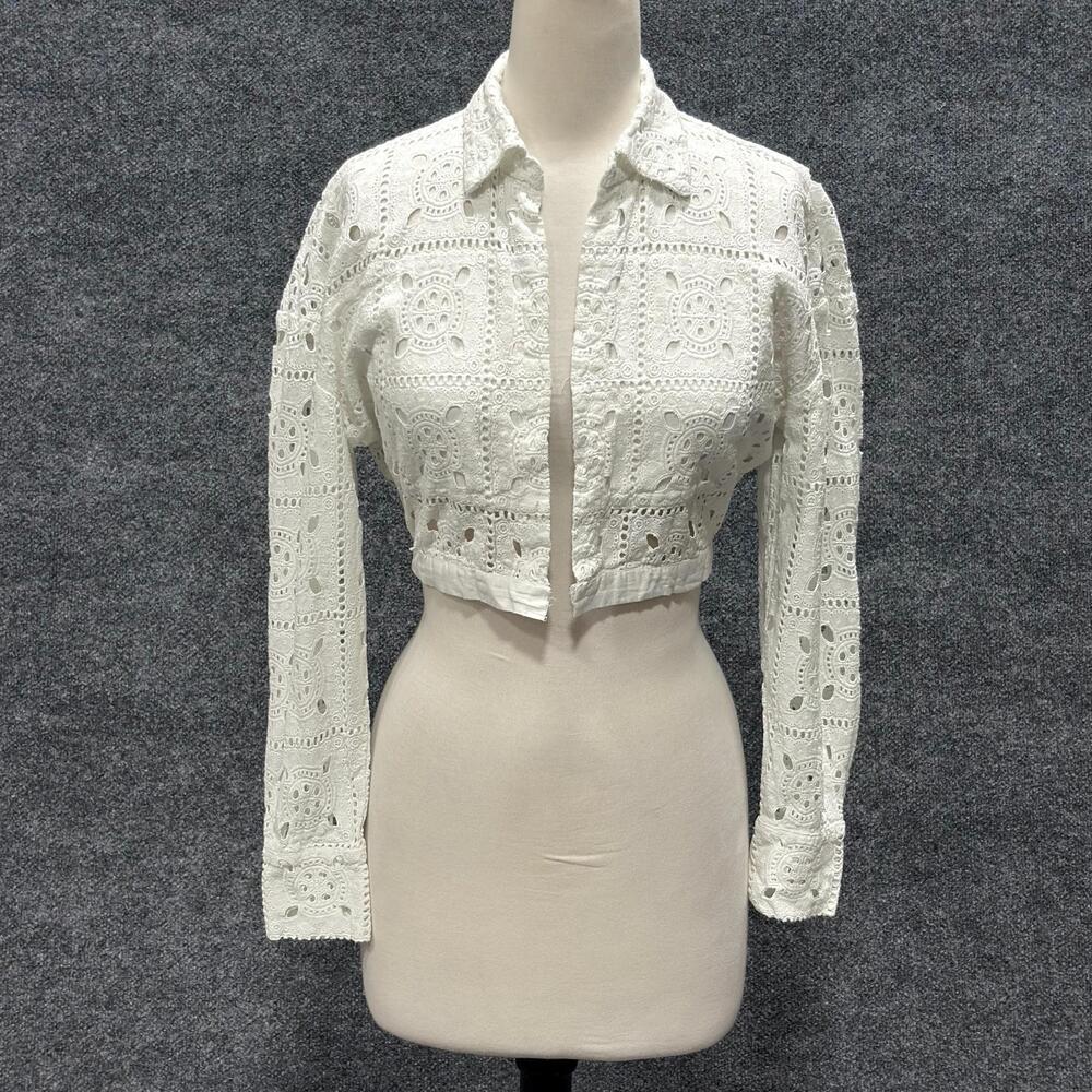 Miguelina Blouse Womens Small White Eyelet Cropped Long Sleeve Button Front Top